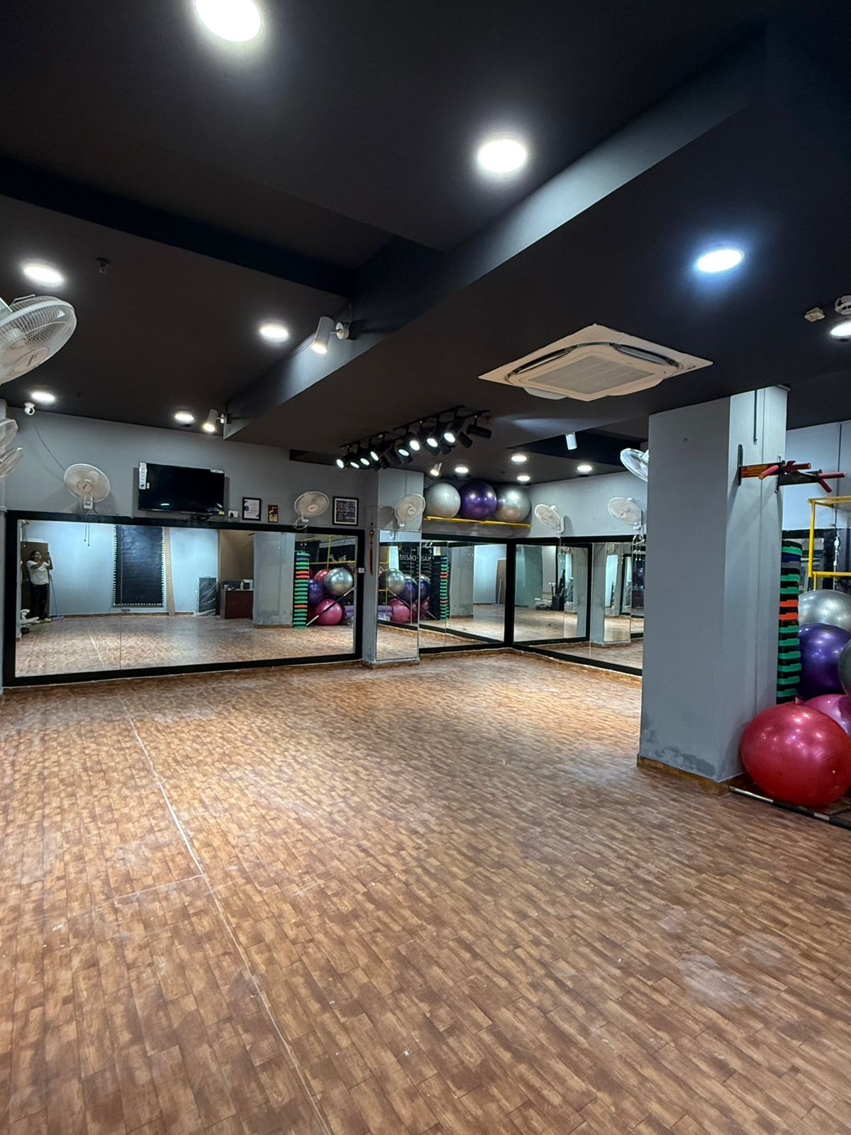 Wide view of the Stepletics main workout floor with mirrored walls, wooden flooring and stability balls